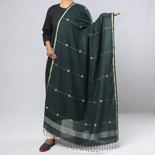 Green - Phulia Bengal Handloom Cotton Dupatta with Tassels