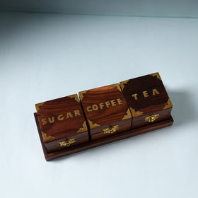 Handcrafted Sahasam Brown Wooden Tea Sugar Coffee Containers with Tray