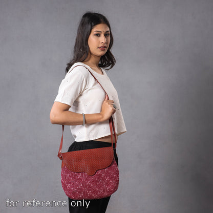 Red - Handcrafted Kantha Embroidery Cotton & Embossed Leather Sling Bag