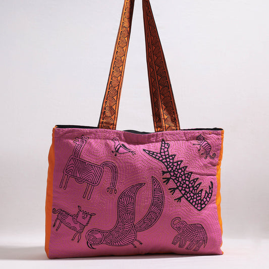 Pink - Kantha Work Block Print Cotton Shoulder Bag