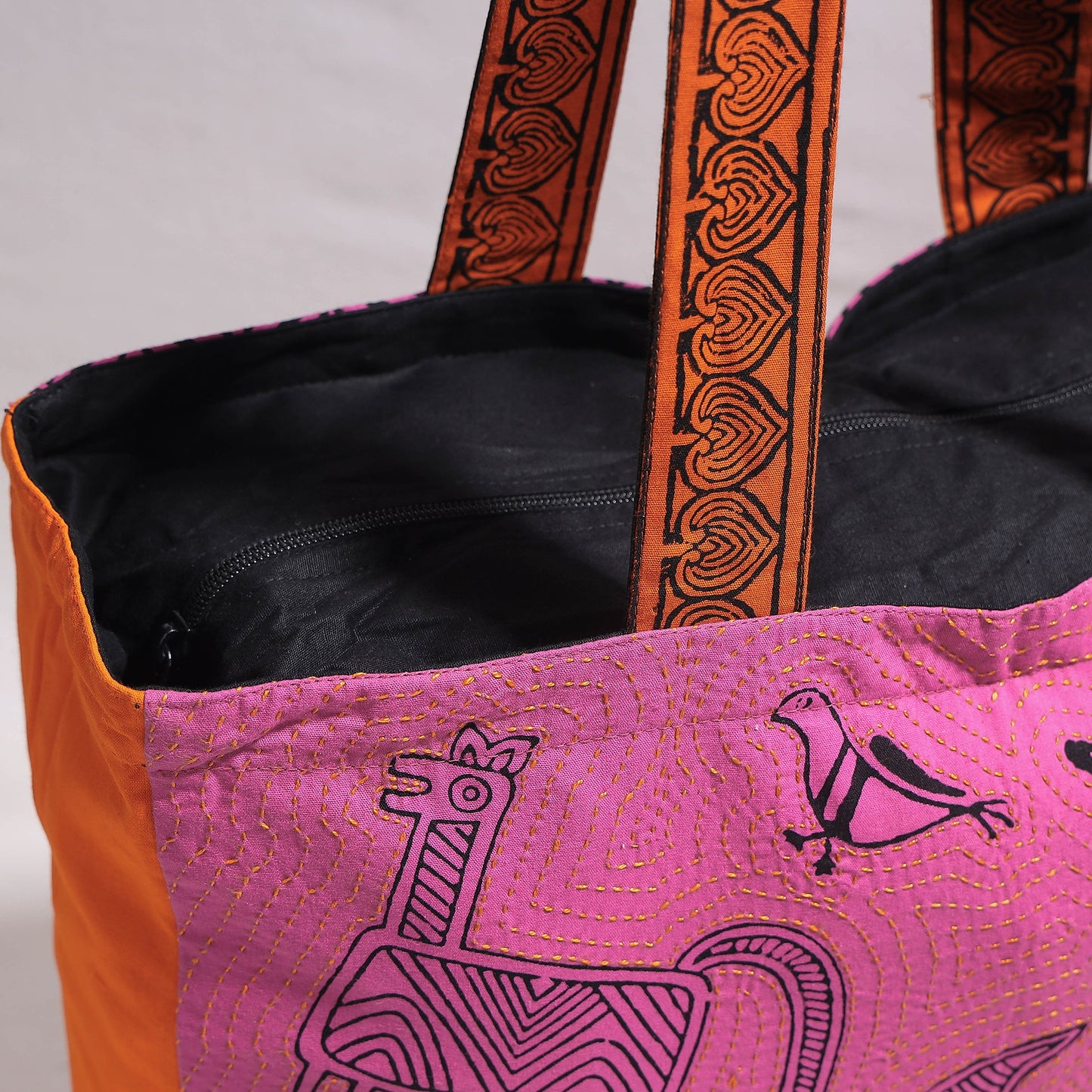 Pink - Kantha Work Block Print Cotton Shoulder Bag