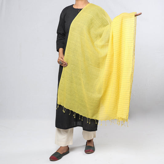 Yellow - Phulia Bengal Handloom Cotton Dupatta with Tassels