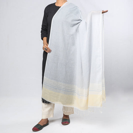 White - Phulia Bengal Handloom Cotton Dupatta with Tassels