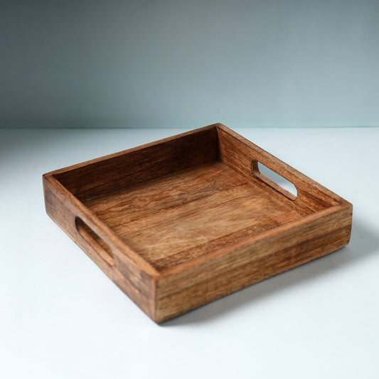 Hand Carved Natural Neem Wooden Tray (10 x 10 in)