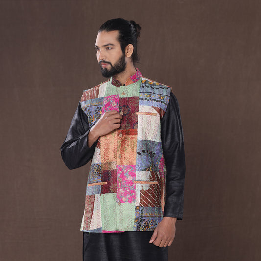Multicolor - Kantha Embroidery Patchwork Silk Nehru Jacket