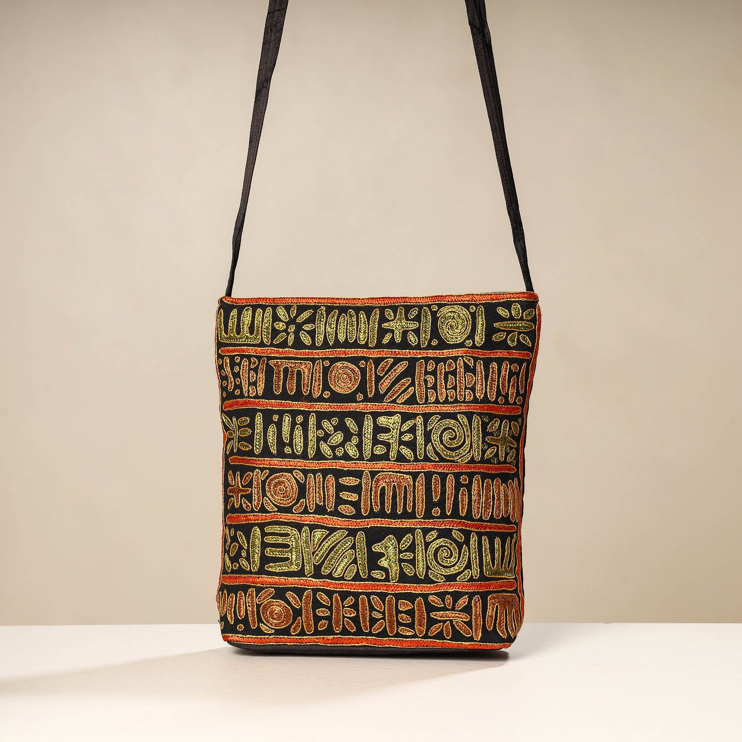 Black - Kutch Ahir Embroidery Mashru Cotton Sling Bag