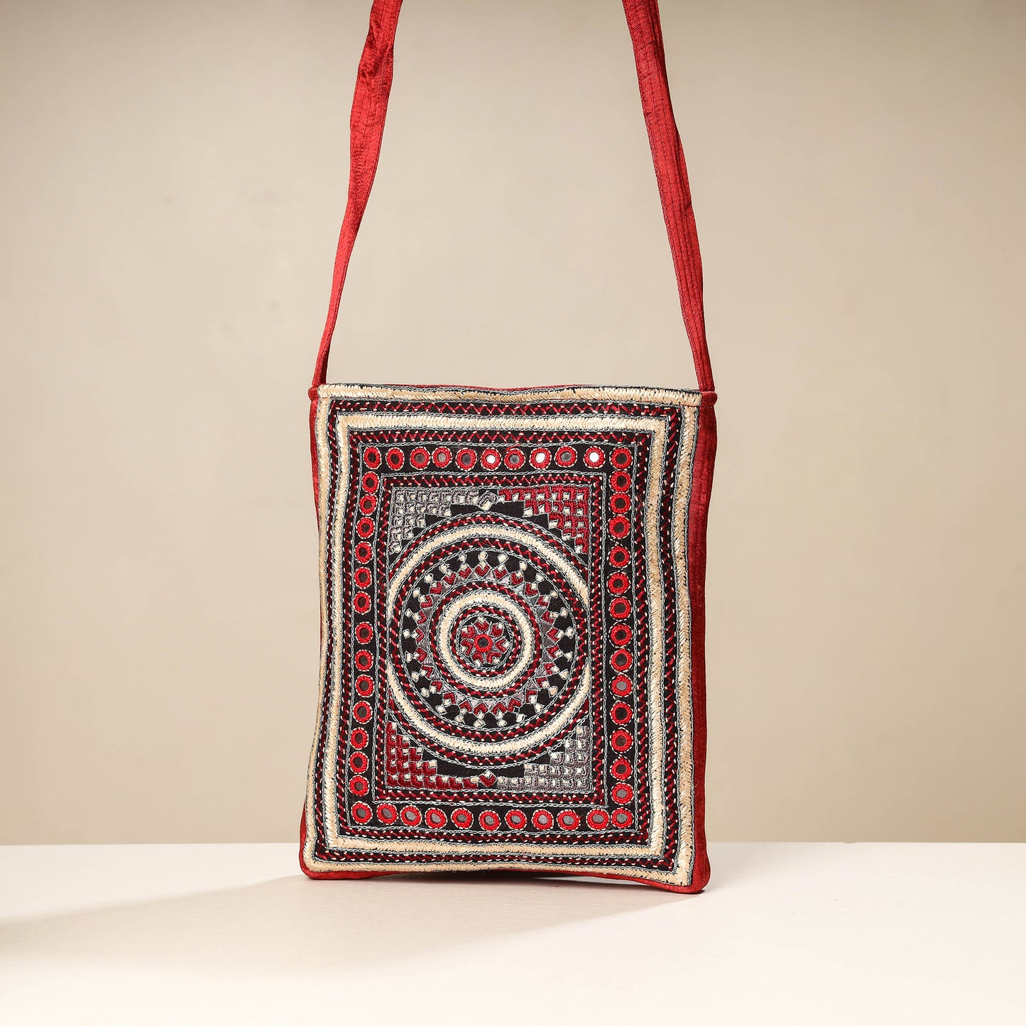 Red - Kutch Neran Embroidery Mashru Silk Sling Bag