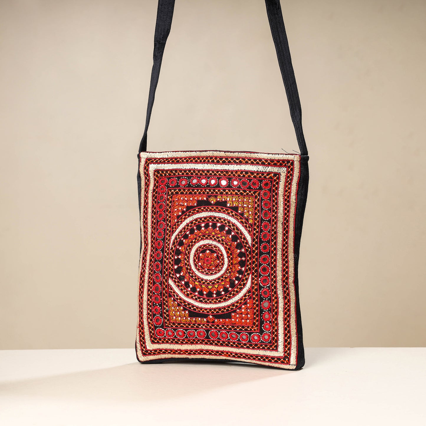 Black - Kutch Neran Embroidery Mashru Silk Sling Bag
