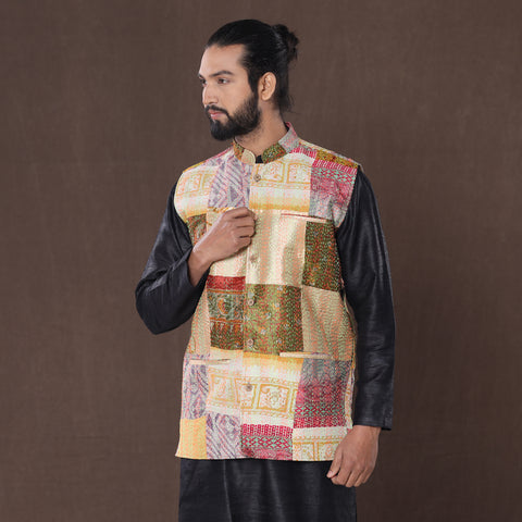 Multicolor - Kantha Embroidery Patchwork Silk Nehru Jacket 06