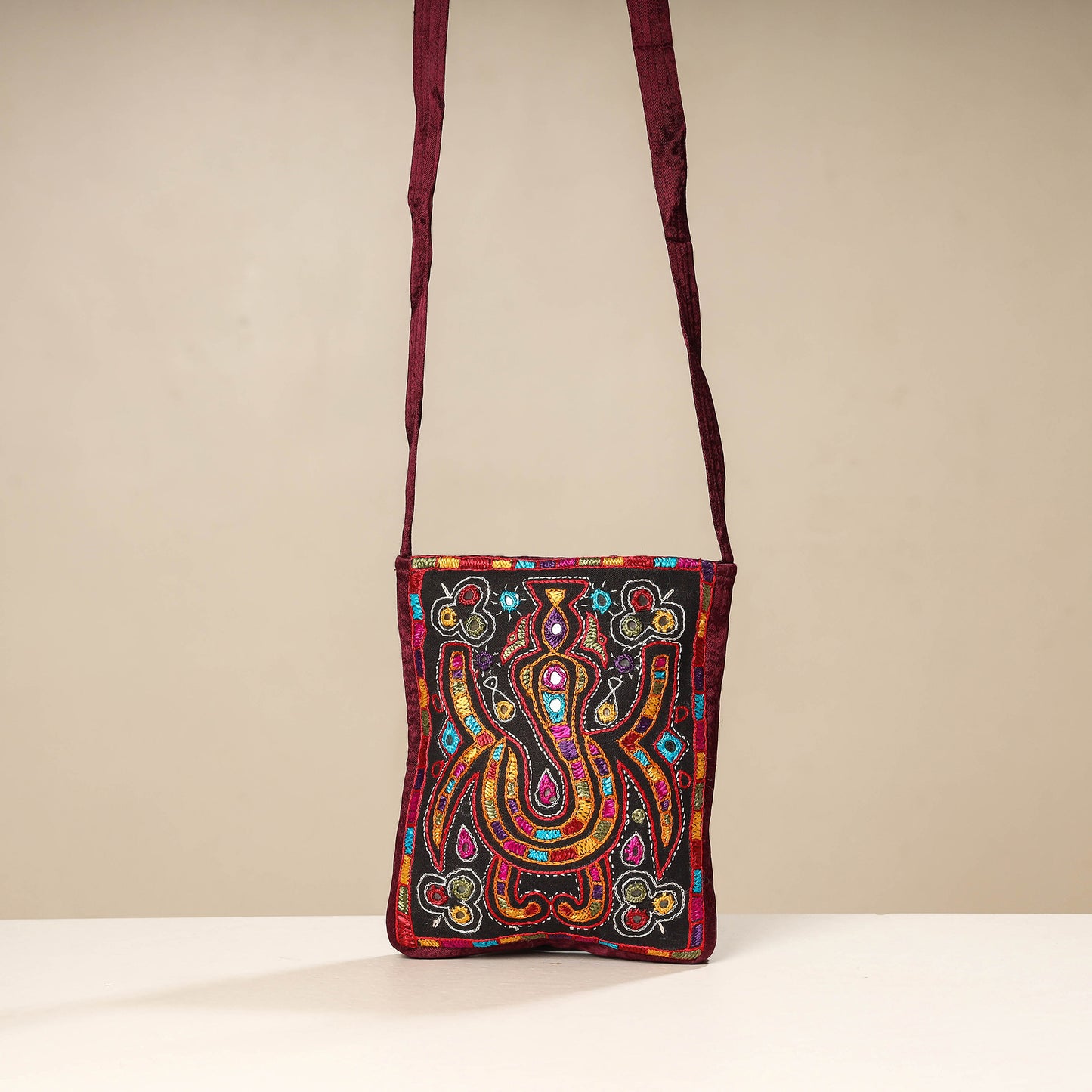 Brown - Kutch Ahir Embroidery Mashru Silk Sling Bag