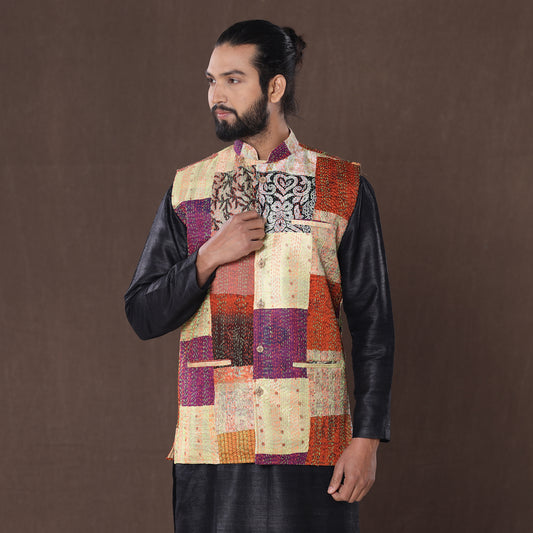 Multicolor - Kantha Embroidery Patchwork Silk Nehru Jacket