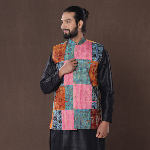 Multicolor - Kantha Embroidery Patchwork Silk Nehru Jacket 07