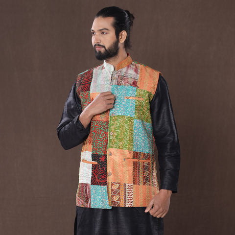 Multicolor - Kantha Embroidery Patchwork Silk Nehru Jacket 09