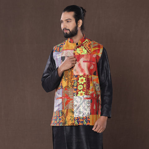 Multicolor - Kantha Embroidery Patchwork Silk Nehru Jacket 10