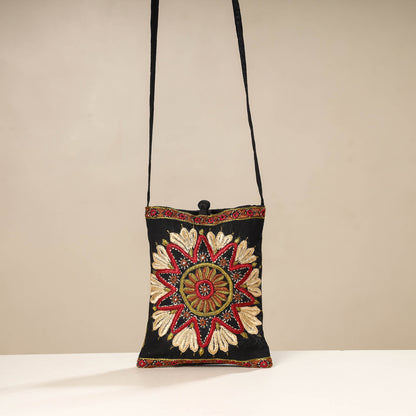 Black - Kutch Pakko Embroidery Silk Sling Bag