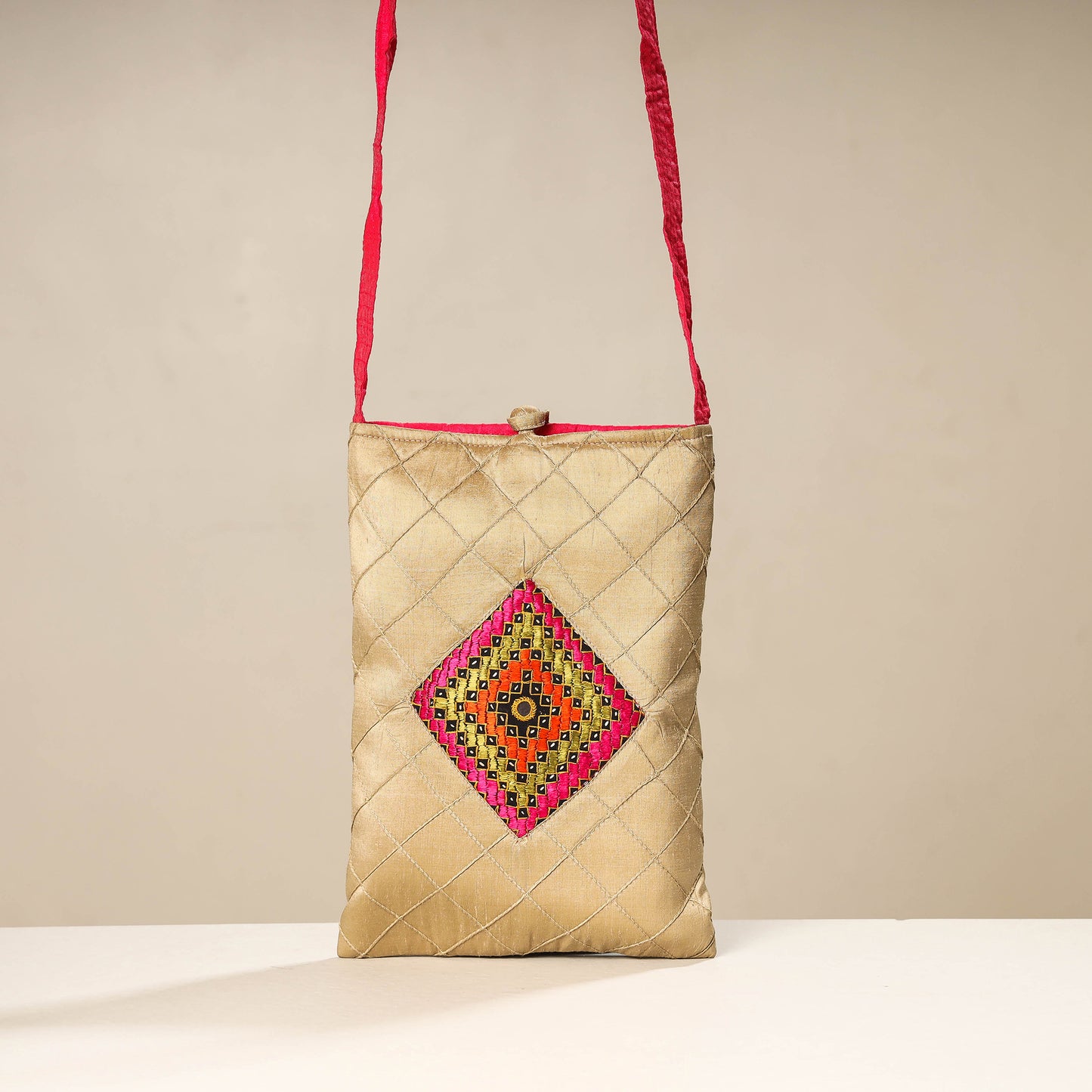 Beige - Kutch Katri Embroidery Silk Sling Bag