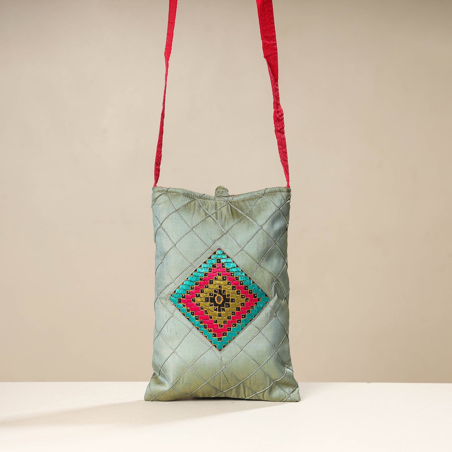 Grey - Kutch Katri Embroidery Silk Sling Bag