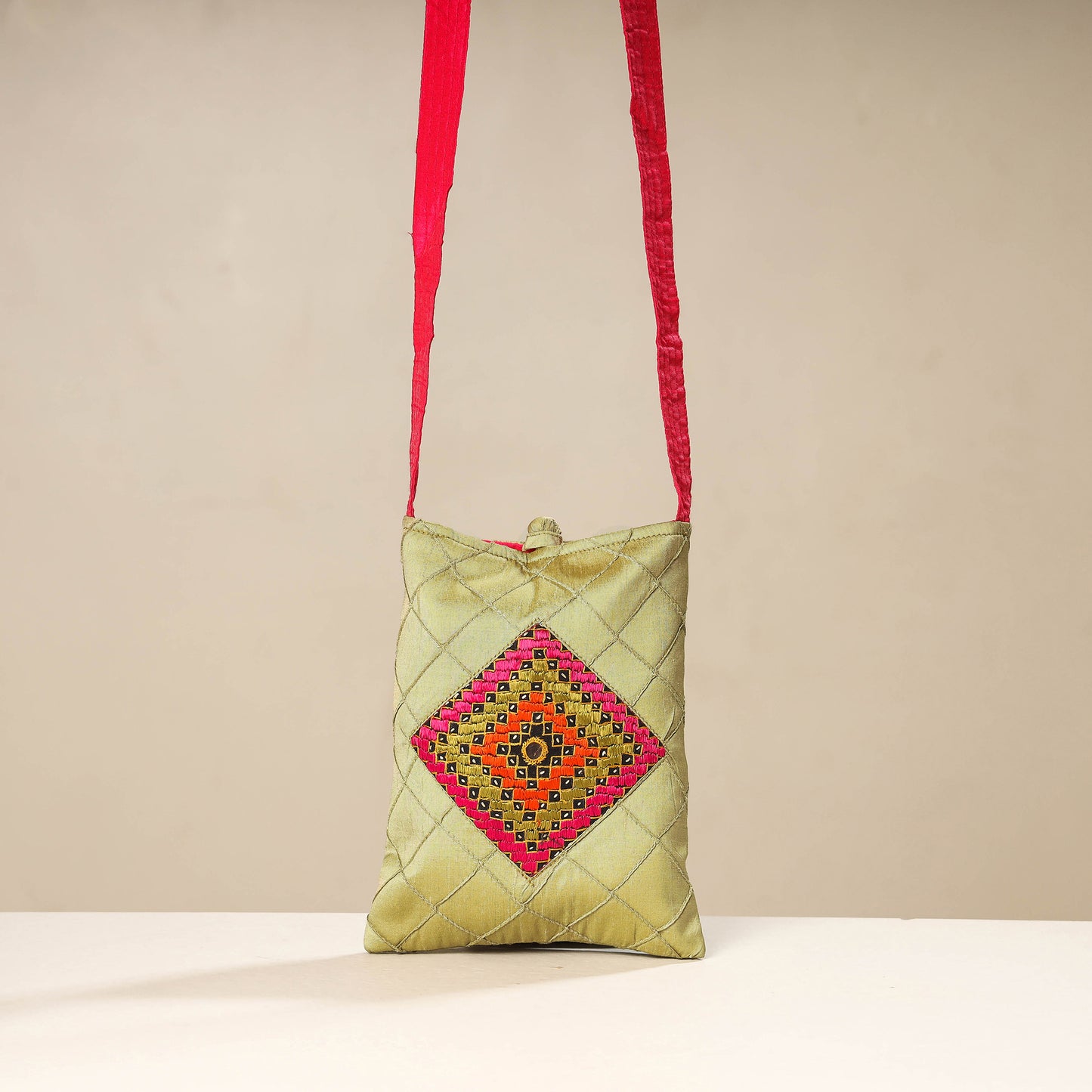 Green - Kutch Katri Embroidery Silk Sling Bag