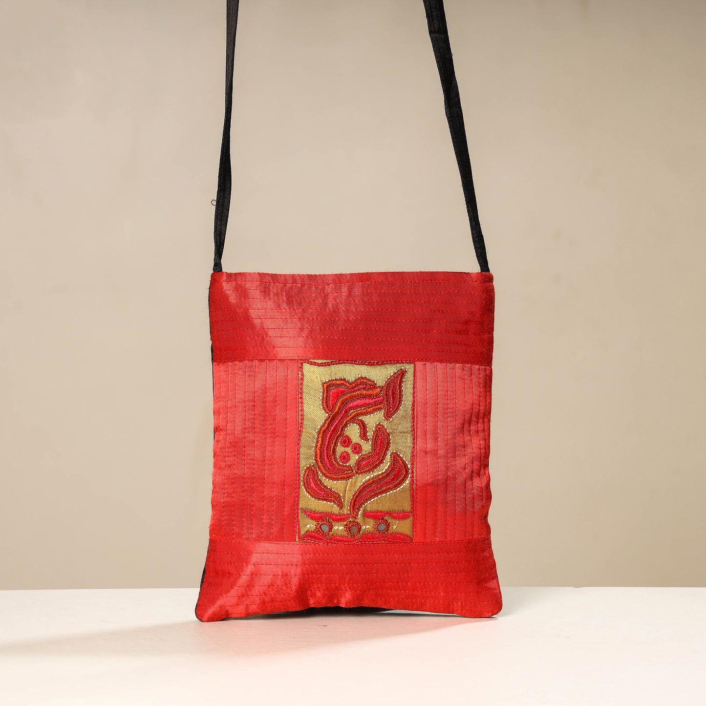 Red - Kutch Sodha Embroidery Mashru Silk Sling Bag