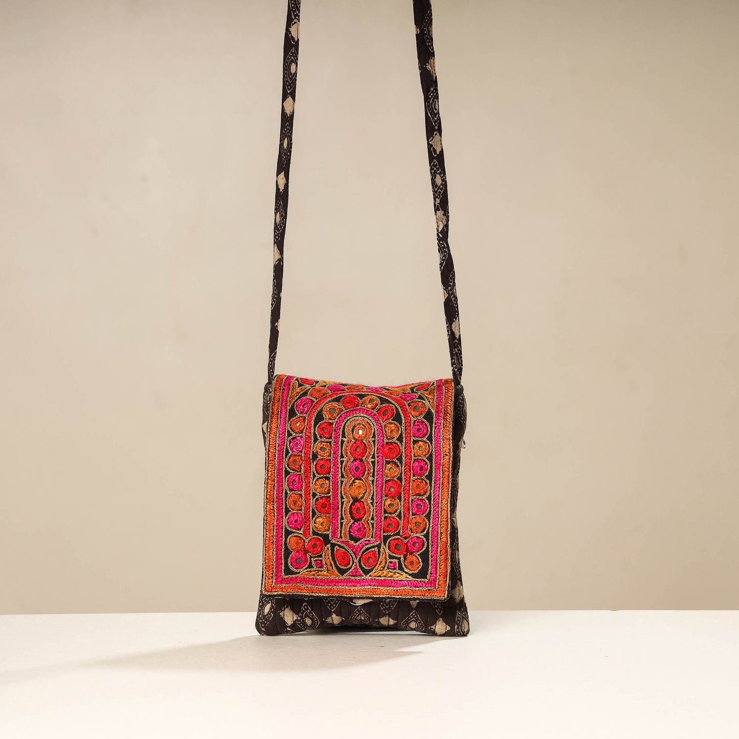 Brown - Kutch Ahir Embroidery Ajrakh Cotton Sling Bag