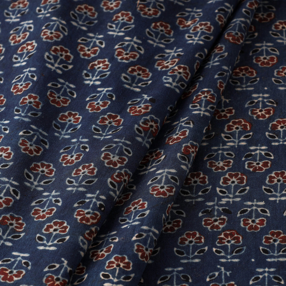 Tiny Red Florets Blue Ajrakh Block Printed Cotton Fabric 05