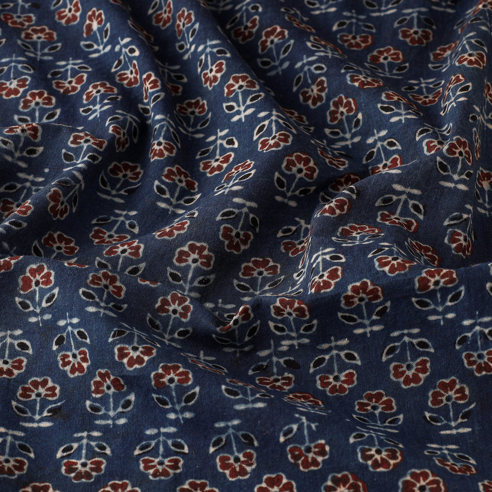 Tiny Red Florets Blue Ajrakh Block Printed Cotton Fabric 05