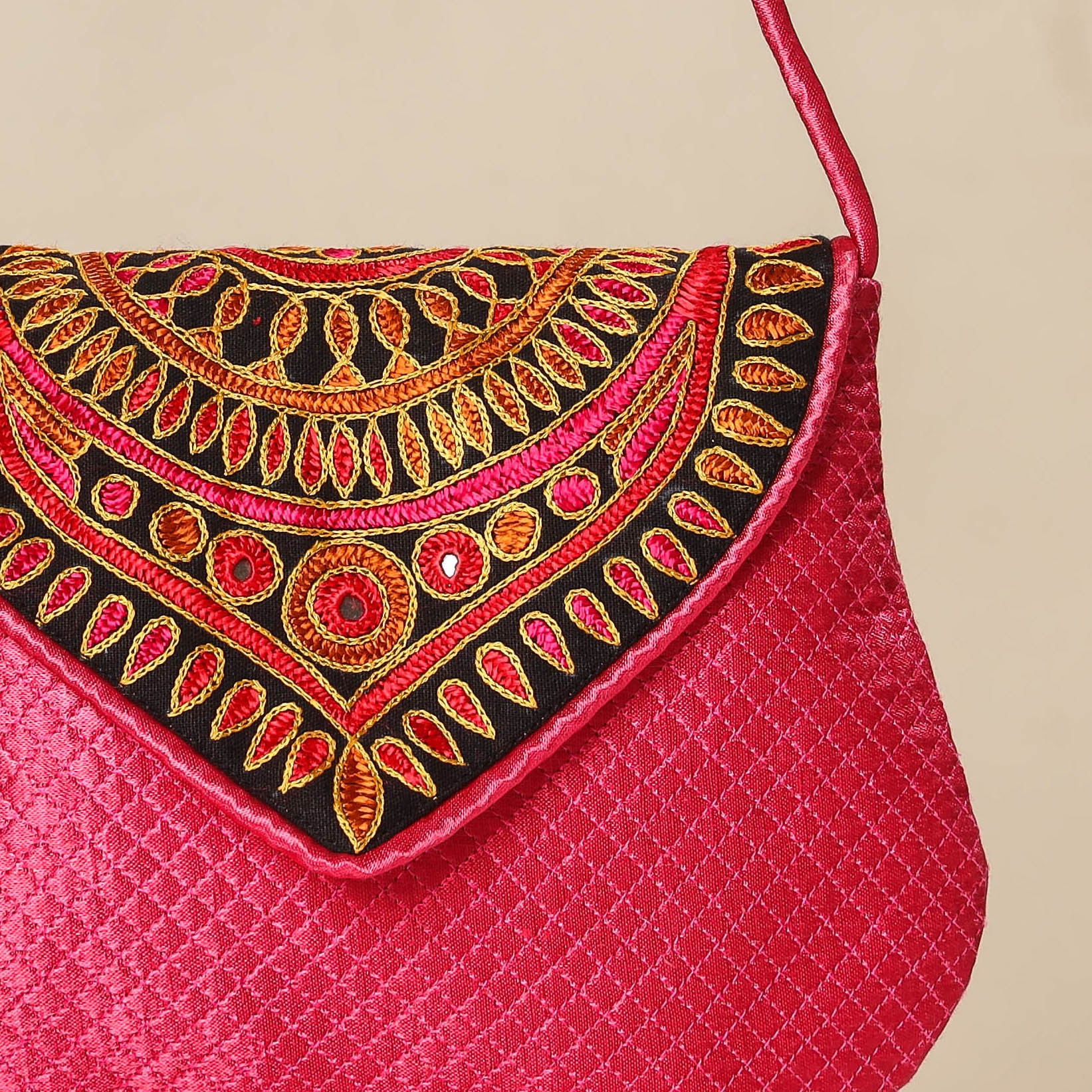 Pink Kutch Ahir Embroidery Mashru Silk Hand Bag