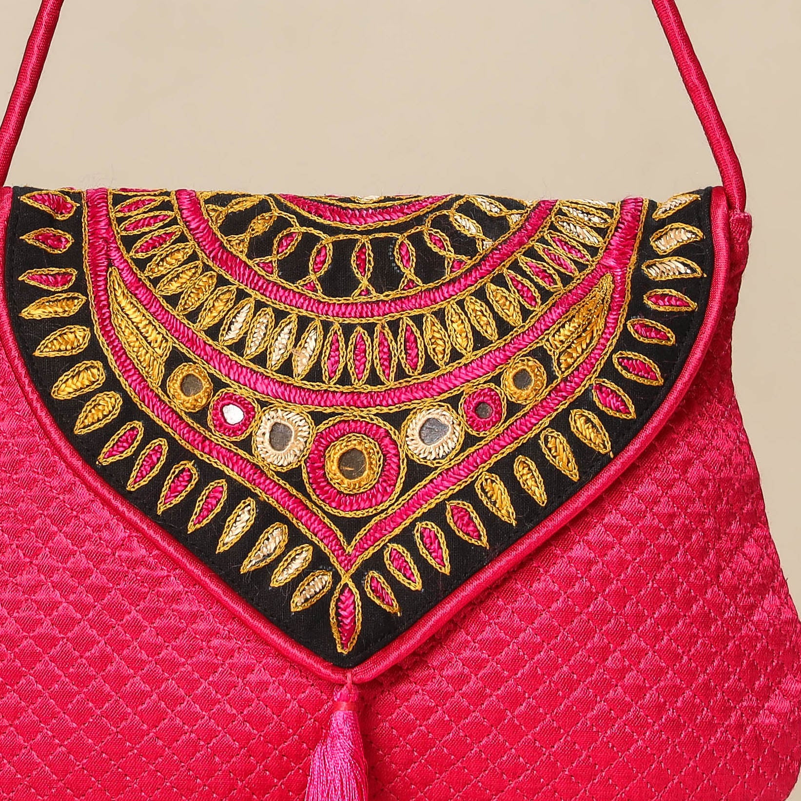 Pink Kutch Ahir Embroidery Mashru Silk Hand Bag