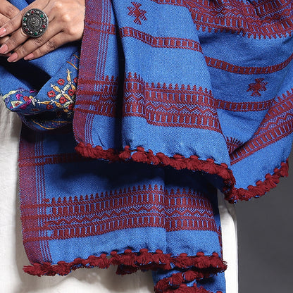 Blue - Kutch Pacco Mirror Work Hand Embroidery Wool Shawl