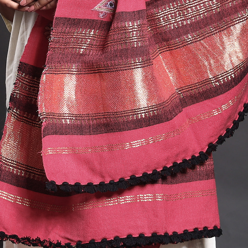 Pink - Kutch Mahiyari Ahir Embroidery Mirror Work Woolen Shawl