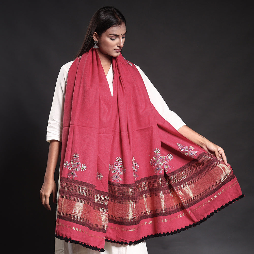 Pink - Kutch Mahiyari Ahir Embroidery Mirror Work Woolen Shawl