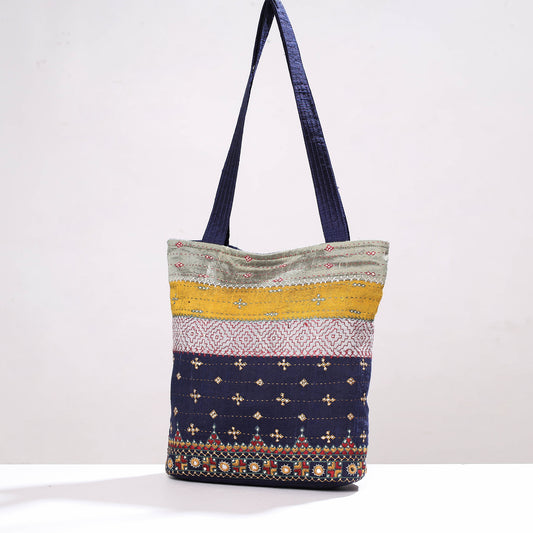 Blue - Kutch Pakko Neran Khudisebha Hand Embroidery Silk Shoulder Bag