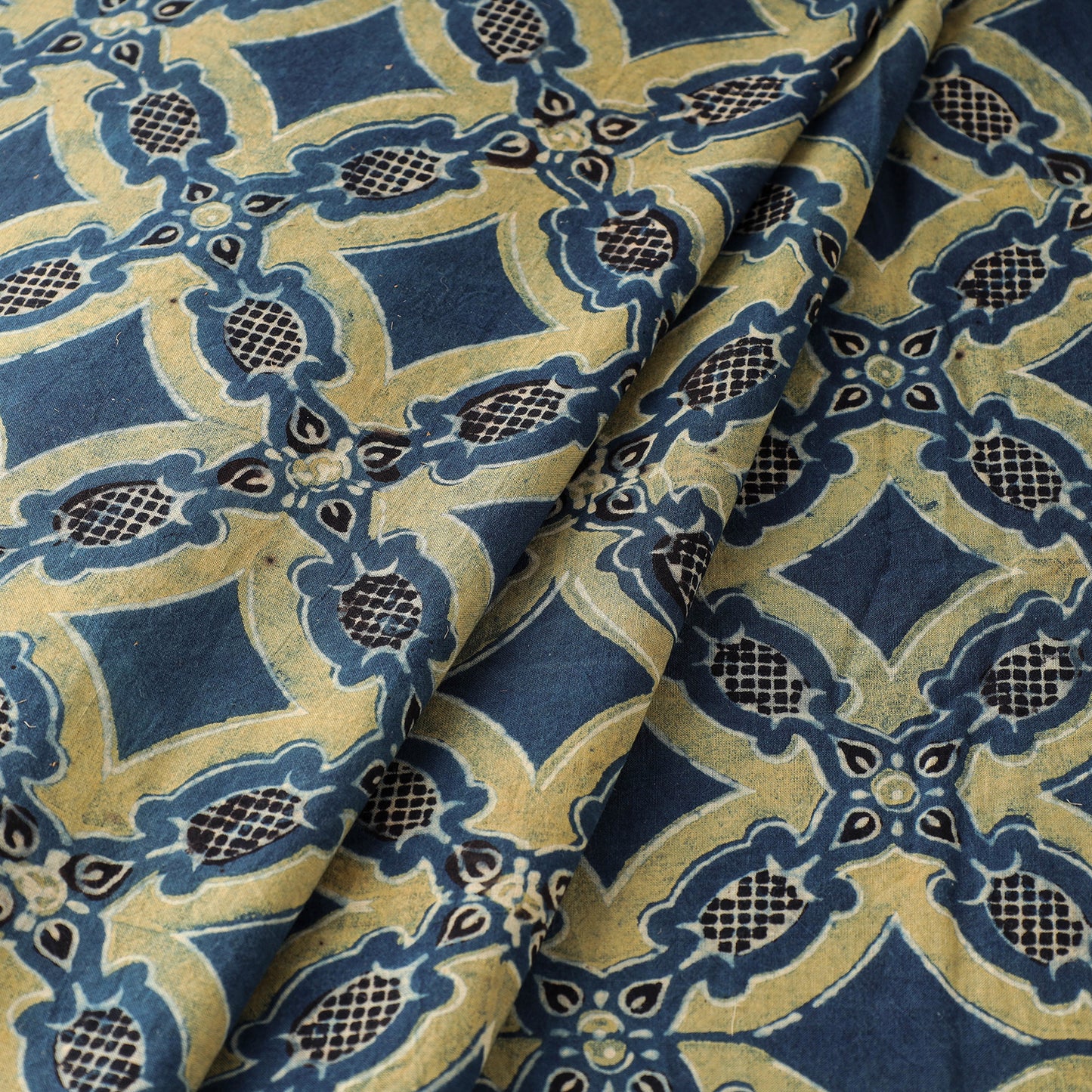 Intricate Blue Blocks Ajrakh Hand Block Printed Cotton Fabric