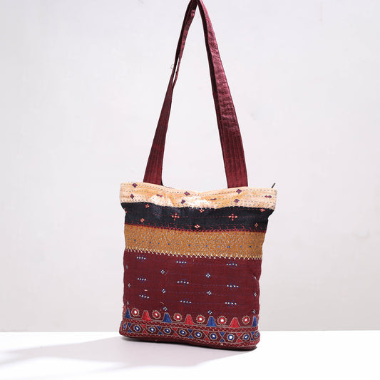 Maroon - Kutch Pakko Neran Khudisebha Hand Embroidery Silk Shoulder Bag