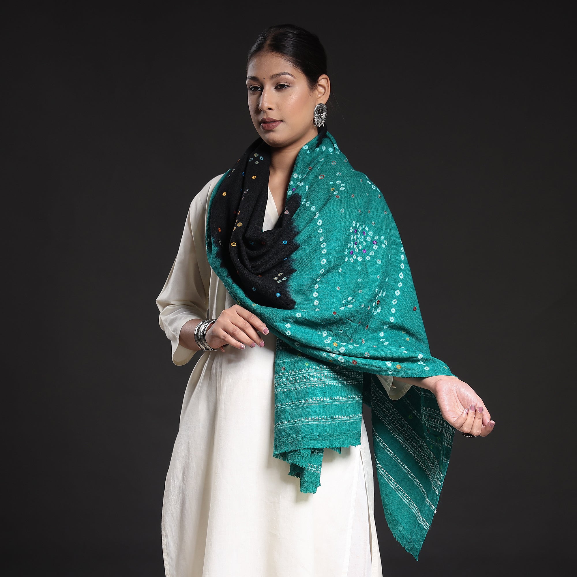 Black - Kutch Bandhani Tie-Dye Handwoven Merino Wool Shawl 28