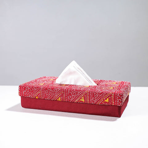 Red Handcrafted Bengal Kantha Work Tissue Box 