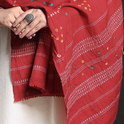 Red - Kutch Mirror Work Handwoven Bandhani Tie-Dye Woolen Shawl