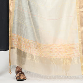 White - Kolaghat Kantha Zari Border Maheshwari Silk Dupatta with Tassels
