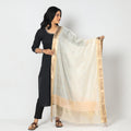 White - Kolaghat Kantha Zari Border Maheshwari Silk Dupatta with Tassels
