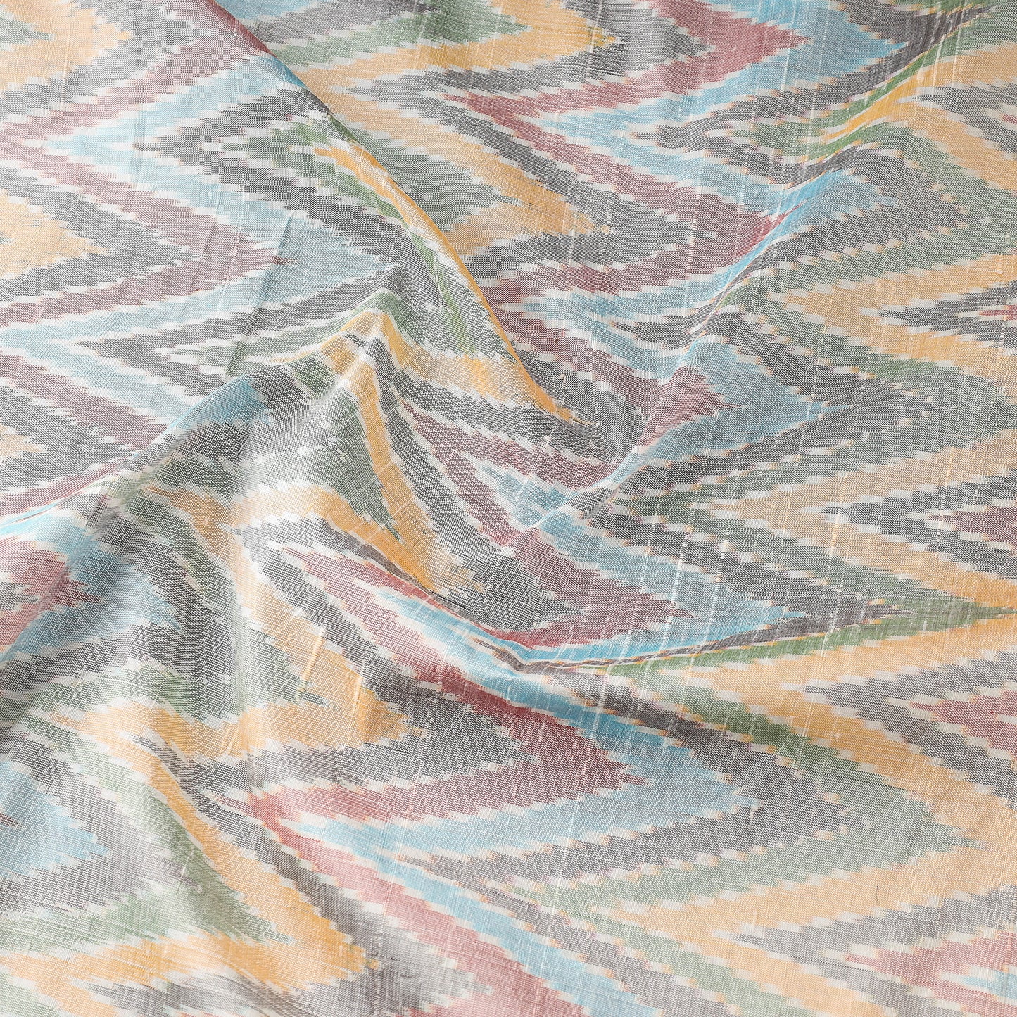 Multicolor - Multicolored Chevroned Raw Silk Pochampally Double Ikat Pure Handwoven Fabric