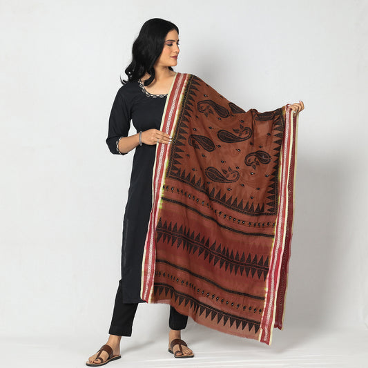 Brown - Bengal Kantha Embroidery Cotton Handloom Dupatta