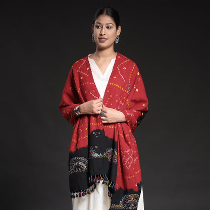 Red - Kutch Neran Embroidery Handwoven Bandhani Tie-Dye Woolen Shawl