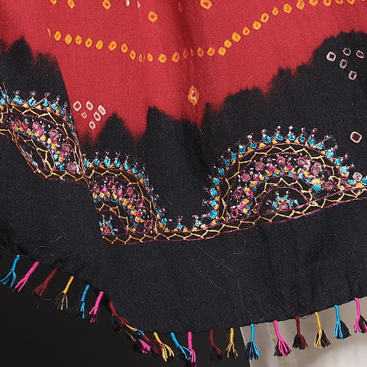 Red - Kutch Neran Embroidery Handwoven Bandhani Tie-Dye Woolen Shawl