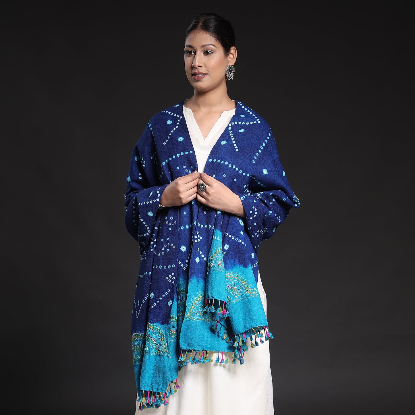 Blue - Kutch Neran Embroidery Handwoven Bandhani Tie-Dye Woolen Shawl