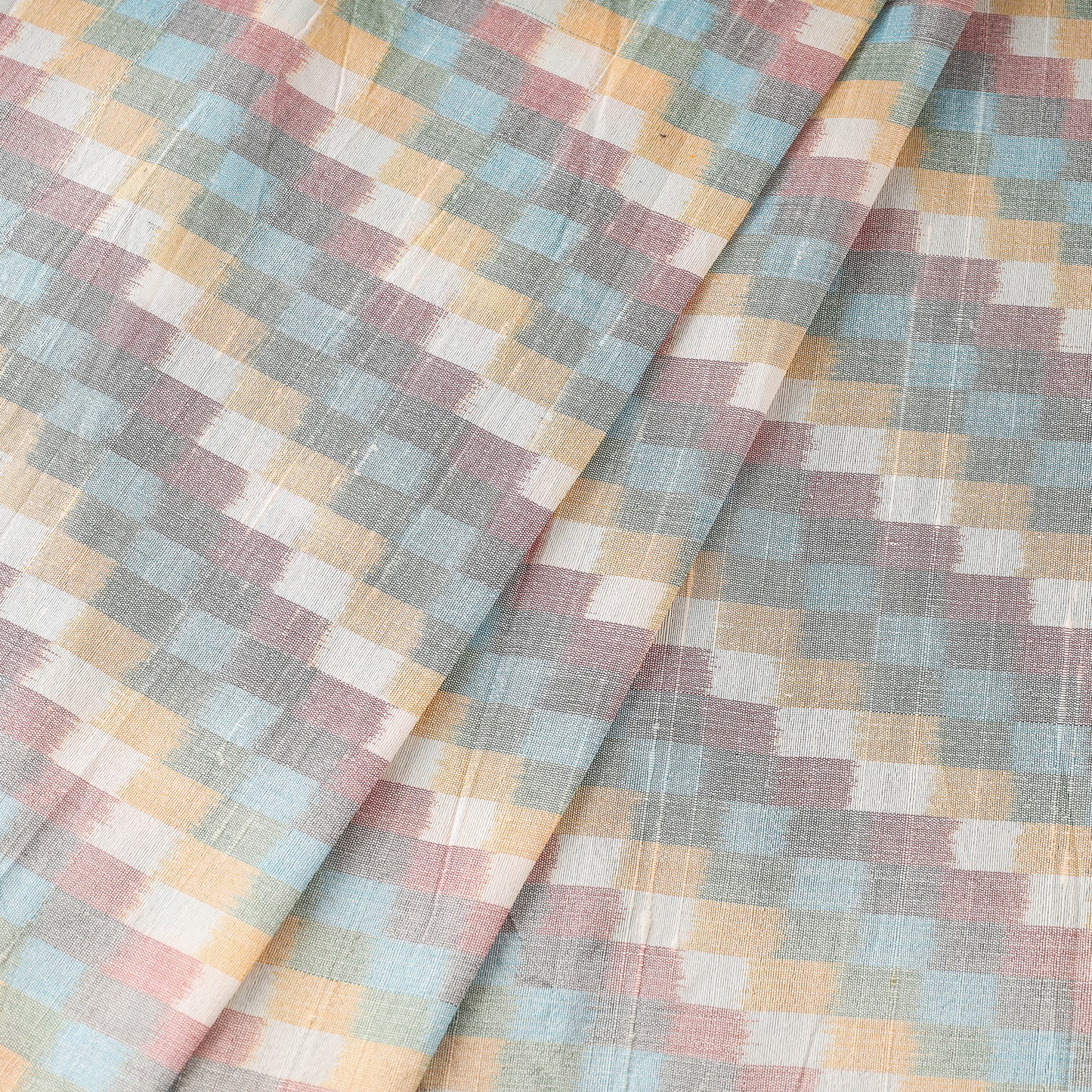 Multicolor Patterned Raw Silk Pochampally Double Ikat Pure Handwoven Fabric