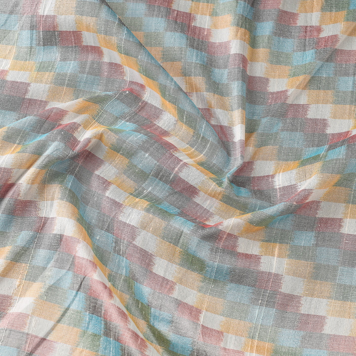 Multicolor Patterned Raw Silk Pochampally Double Ikat Pure Handwoven Fabric