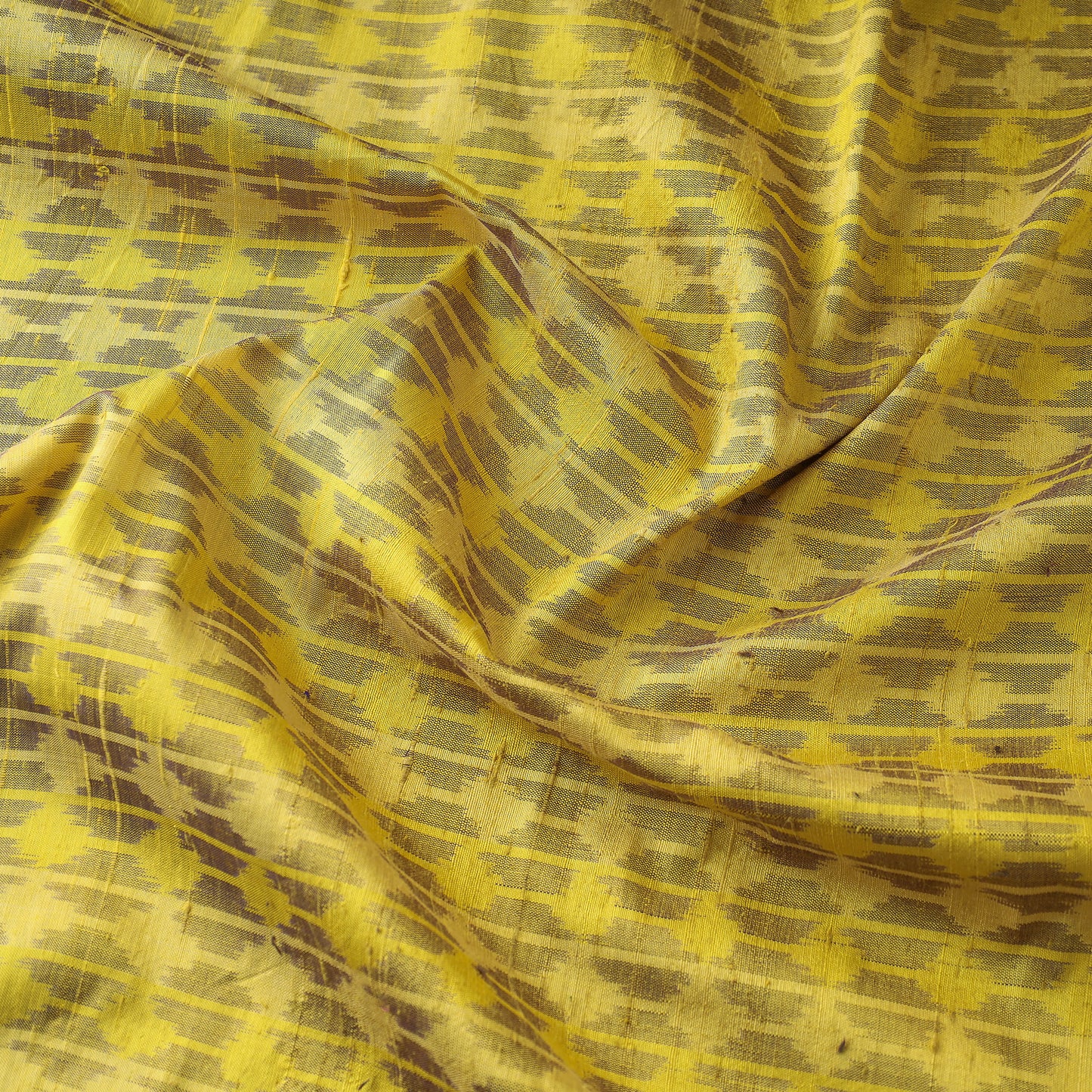 Vivid Yellow Butti's On Straight Line Design Raw Silk Pochampally Double Ikat Pure Handwoven Fabric