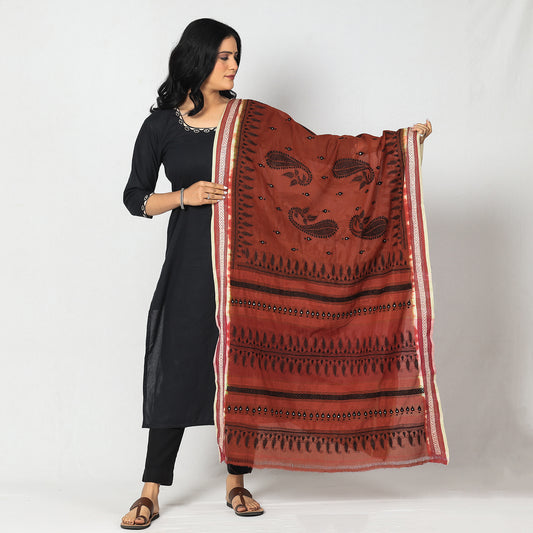 Brown - Bengal Kantha Embroidery Cotton Handloom Dupatta