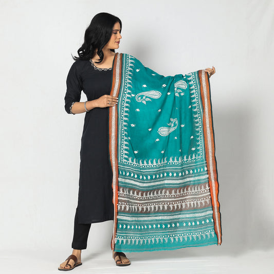 Blue - Bengal Kantha Embroidery Cotton Handloom Dupatta