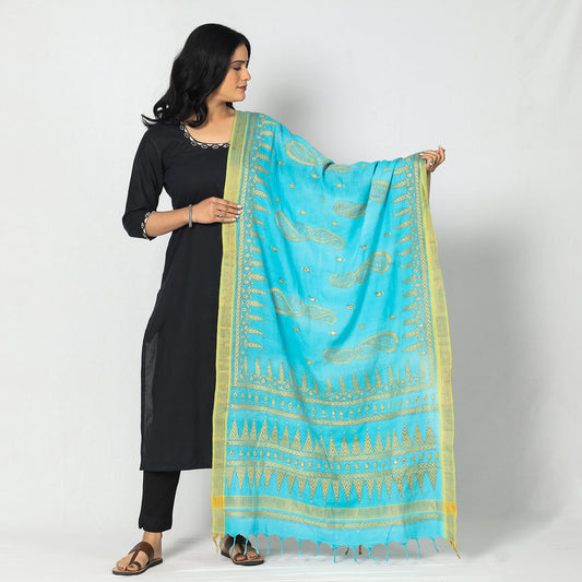Blue - Bengal Kantha Embroidery Cotton Handloom Dupatta